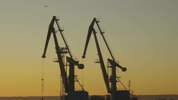 Two Construction Cranes Are Working in the Port at Sunset