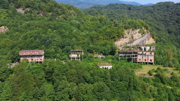 Ruined Lost Overgrown Mining Ghost Town Akarmara Consequences of War in Abkhazia Aerial View From