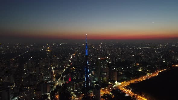 Sunset downtown Sao Paulo Brazil. Downtown district at sunset scenery.