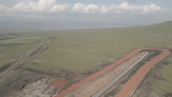 Moving along railroad tracks. Aerial view of Railroad emergency stop track in Trialeti, Georgia