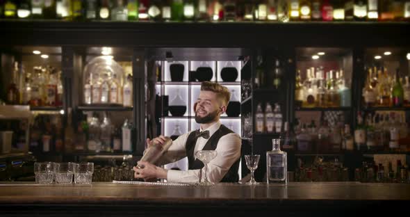 The Bartender Is Mixing a Drink in a Shaker and Smiling. 