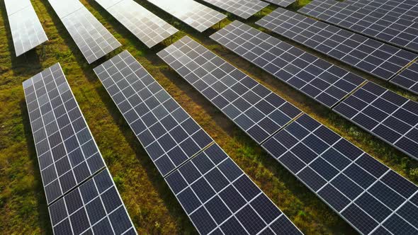 Solar panel farm outdoors, aerial view