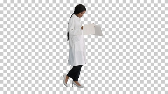 Afro american doctor woman walking and, Alpha Channel