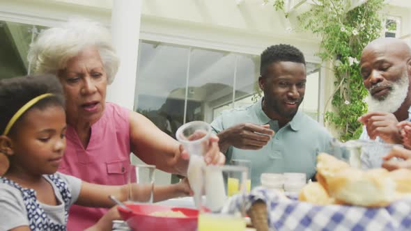 Happy african american family pouring juice and having breakfast in garden