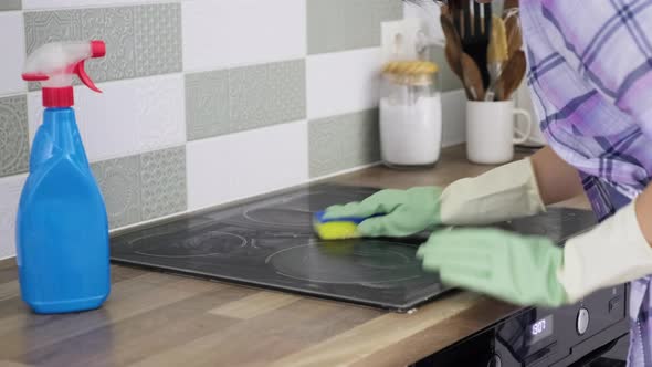 Kitchen Cleaning Woman Washing Ceramic Electric Hob