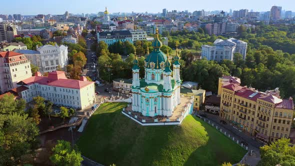 Aerial Drone Video Famous St. Andrews Church and Panorama of Kyiv, Ukraine