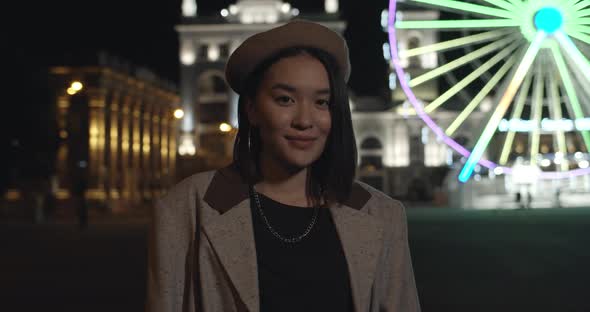 Portrait Beautiful Stylish Girl Turning Head Looking To Camera