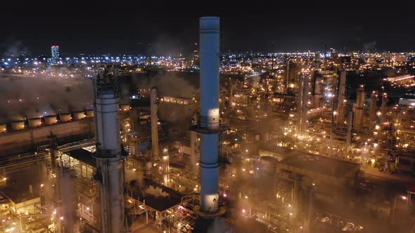 Petroleum Refinery. Night Aerial Footage of the Plant Area. Environment Pollution alt