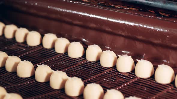 Chocolate is Covering Rows of Sweets on the Conveyor Belt