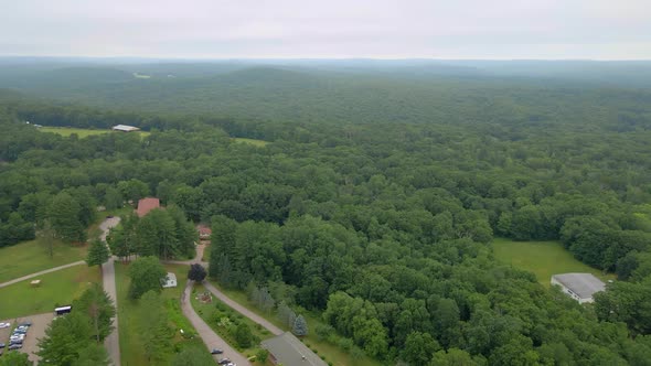 Stunning aerial view on a cloudy afternoon in the woods of Ashford, Connecticut.