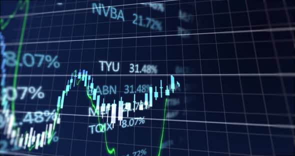 Animation of stock market display with stock market tickers and graphs 4k alt
