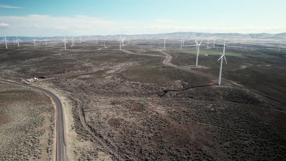 Wind driven, renewable green carbon neutral, electric power generation, aerial panorama