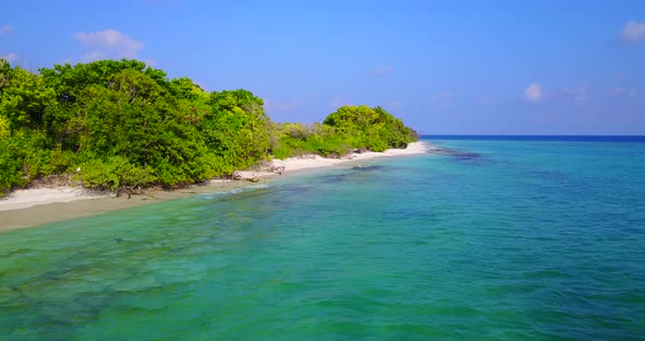 Beautiful above island view of a white sandy paradise beach and aqua blue water background in best q