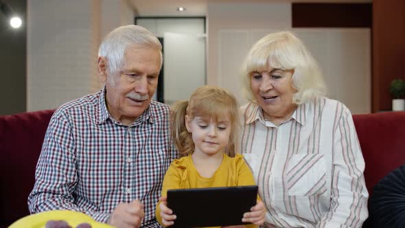Child Girl Shows Something in Laptop To Grandparents, Seniors Couple Learning How To Use Tablet