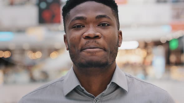 Portrait Happy African American Man Talking on Video Link Looking at Camera Chatting Speaking