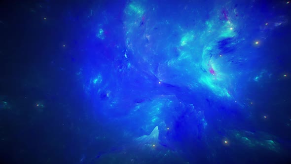 Space Flying Inside Blue Nebula and Stars