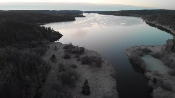 Lake Inlet Cold Early Morning Panoramic Aerial Establishing Shot