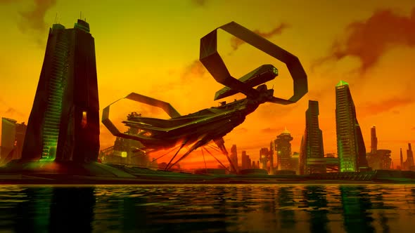 The futuristic city skyline illustration. Conceptual zooming in animation. HD