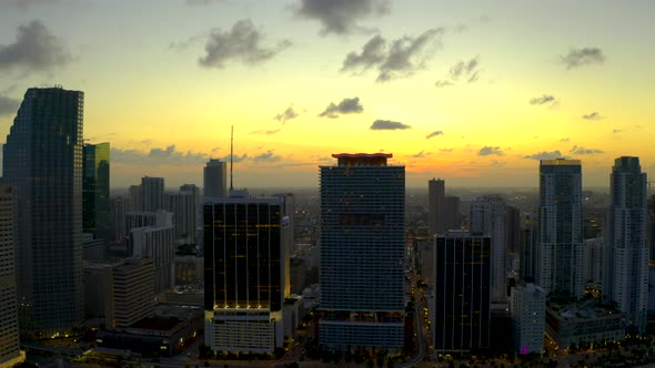 Aerial Flyby Downtown Miami With Sunset In Background Cityscapes