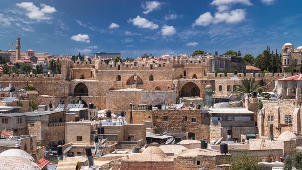 Panorama of Jerusalem Old City and Damascus Gate Timelapse From Austrian Hospice Roof Israel