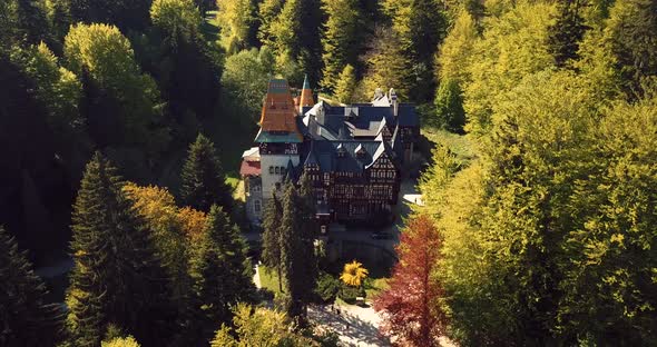 Pelisor Castle In The Romanian Forest Aerial