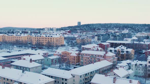 Aerial dolly zoom over Östersund city in Sweden