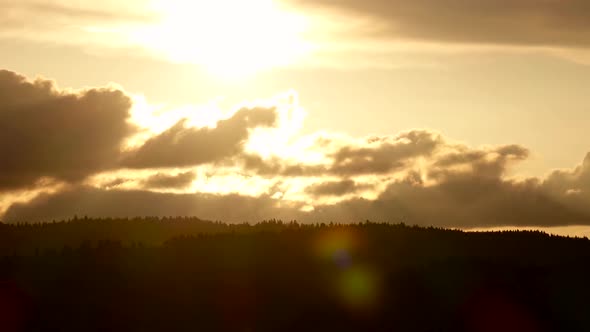 Sunset in Clouds and Over Tops Fir Trees. Time Lapse