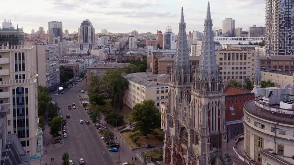 Urban City Scape View with Ancient Catholic Church