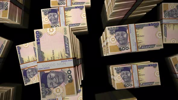 Flight over the Nigerian Naira money banknote packs loop