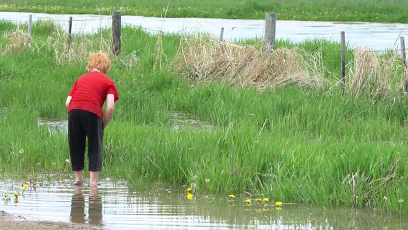 Young boy walking through water near river bank