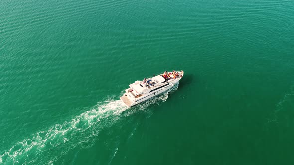 Aerial view of a yacht in the persian gulf in Dubai, U.A.E.