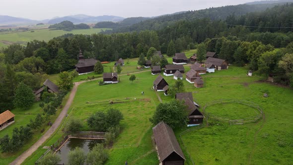 Aerial view of the open-air museum in the town of Stara Lubovna in Slovakia