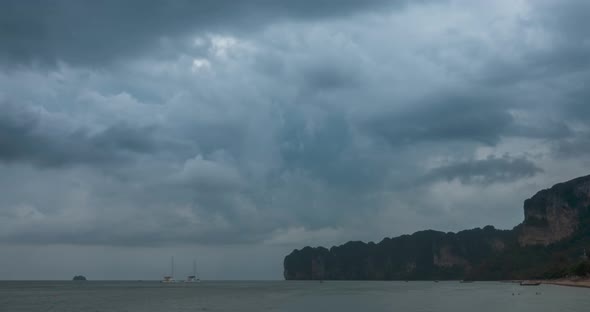 Time Lapse of Rain Clouds Over Beach and Sea Landscape with Boats. Tropical Storm in Ocean.