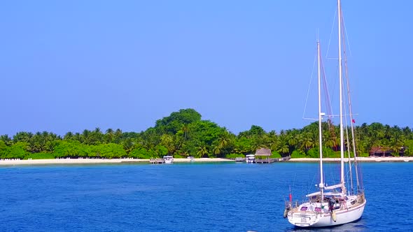 Aerial drone tourism of lagoon beach time by blue water and sand background