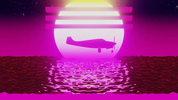 Retro Futuristic Plane Flying Over Low Poly Shaped Water