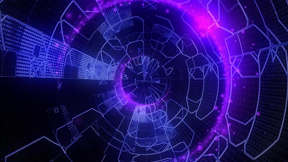 Animated abstract background in abstract futuristic tunnel with purple neon lights