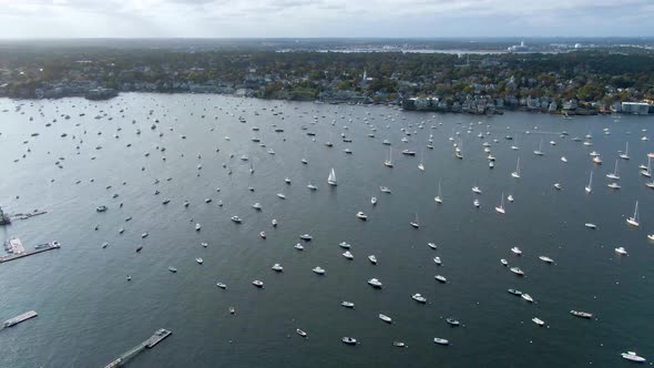 Aerial View Of Sailboats And Yachts At Marblehead Harbor In Essex County, Massachusetts.