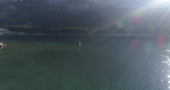 Aerial shot of two friends in canoe, Bavaria, Germany