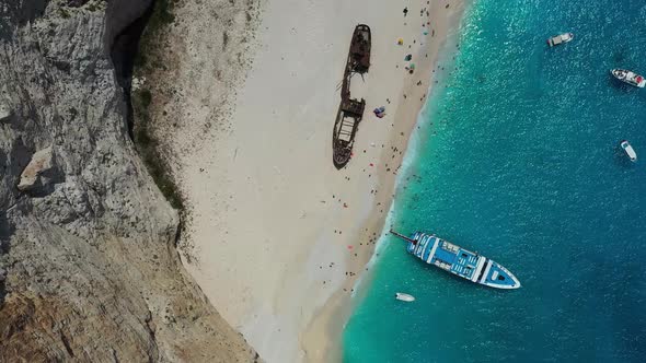 View of Navagio beach, Zakynthos Island, Greece. Aerial landscape. Blue sea water.