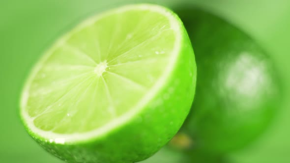The Fresh Limes are Rotating Slowly on Bright Green Background