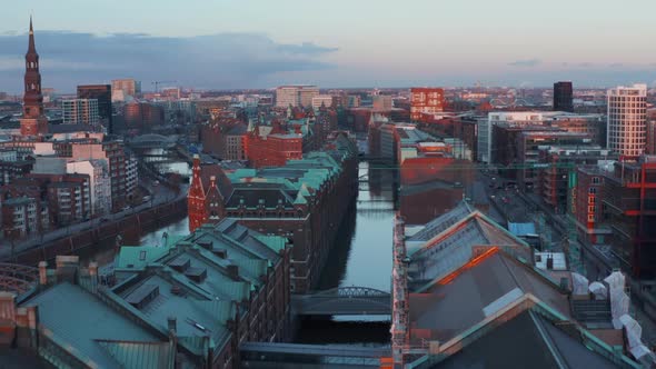 Aerial View of Speicherstadt Warehouse District Along the Banks of River Elbe in Hamburg