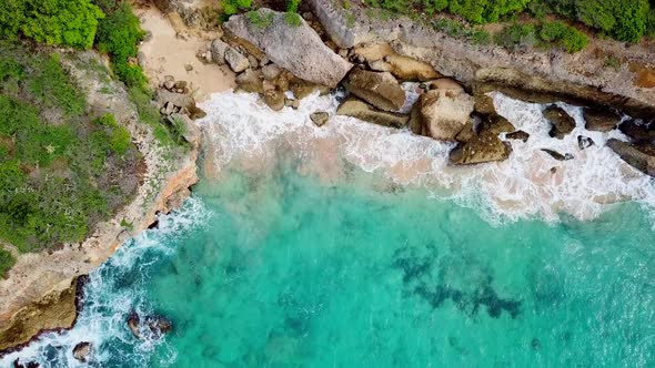 Static overhead view of a hidden paradisiacal beach in Westpunt, Curacao, Dutch Caribbean island