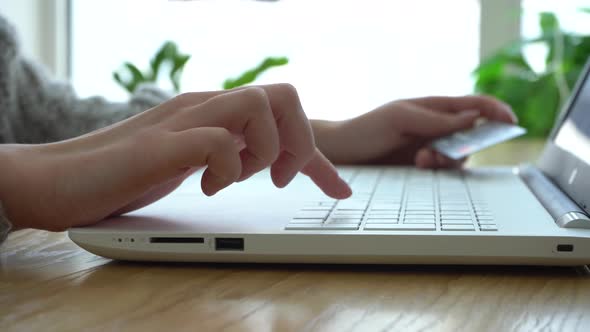 Girl Holding a Credit Card Layout and Using Her Laptop While Sitting in a Cafe