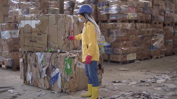 Unloading of Waste Paper in a Warehouse Electric Car Controling By Female Worker in Hard Hat and