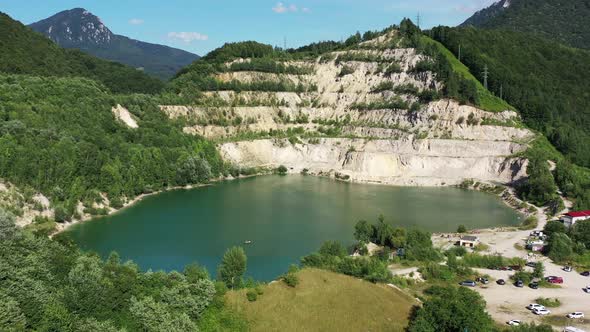 Aerial view of a lake in the village of Sutovo in Slovakia