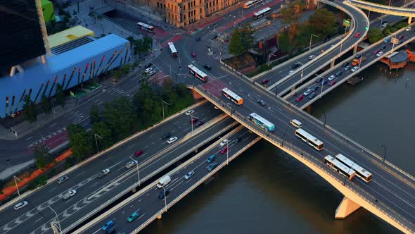 Traffic On South East Busway And Pacific Motorway Near The Brisbane Square Library At Sunset. Brisba