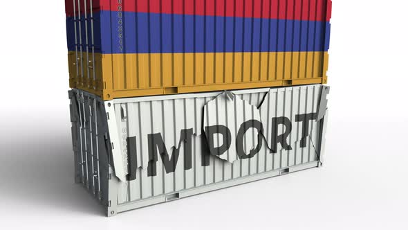 Container with Flag of Armenia Breaks Container with IMPORT Text alt