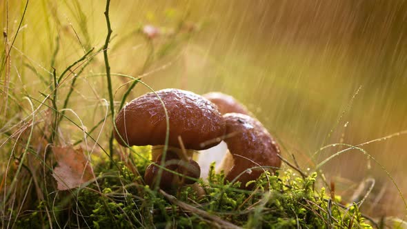Mushrooms In a Sunny Forest in the Rain.