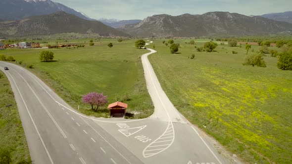 Aerial view of crossroad in a beautiful landscape in Greece.