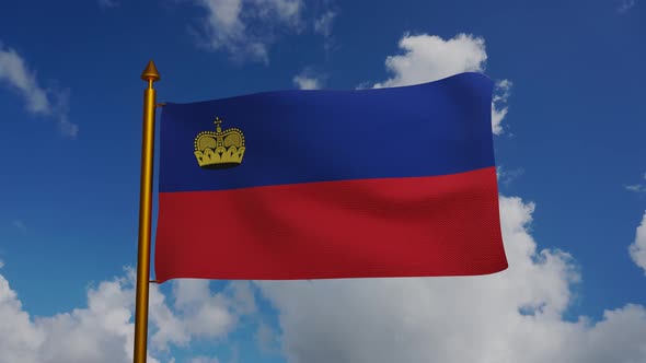 National flag of Liechtenstein waving with flagpole and blue sky timelapse